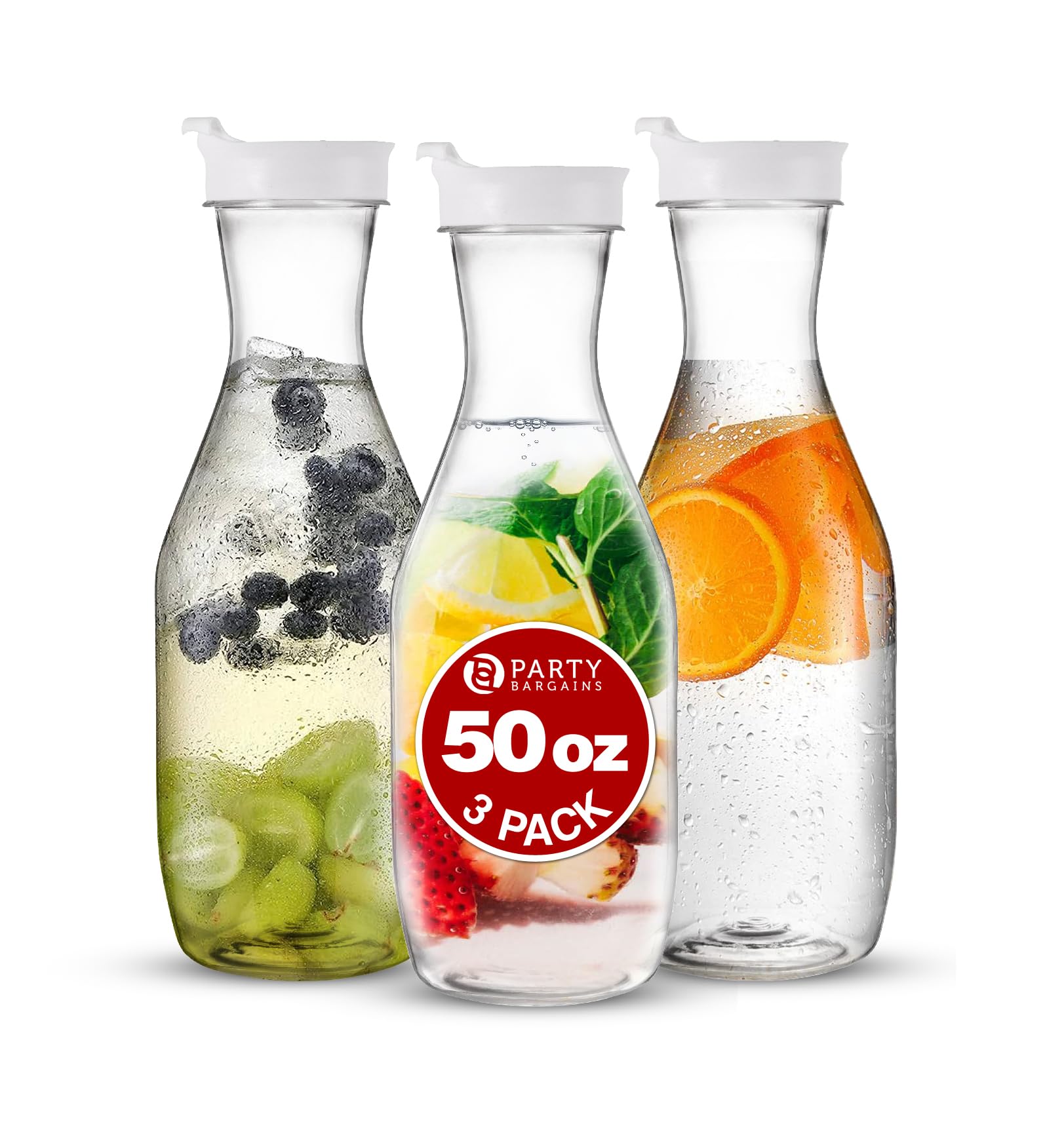 Party Bargains 50 oz. Plastic Carafe with Lids - Clear, 3 Count, White Flip Tab Lid Premium Quality & Heavy Duty Plastic Pitcher for Iced Tea, Powdered Juice, Cold Beverages, Mimosa Bar