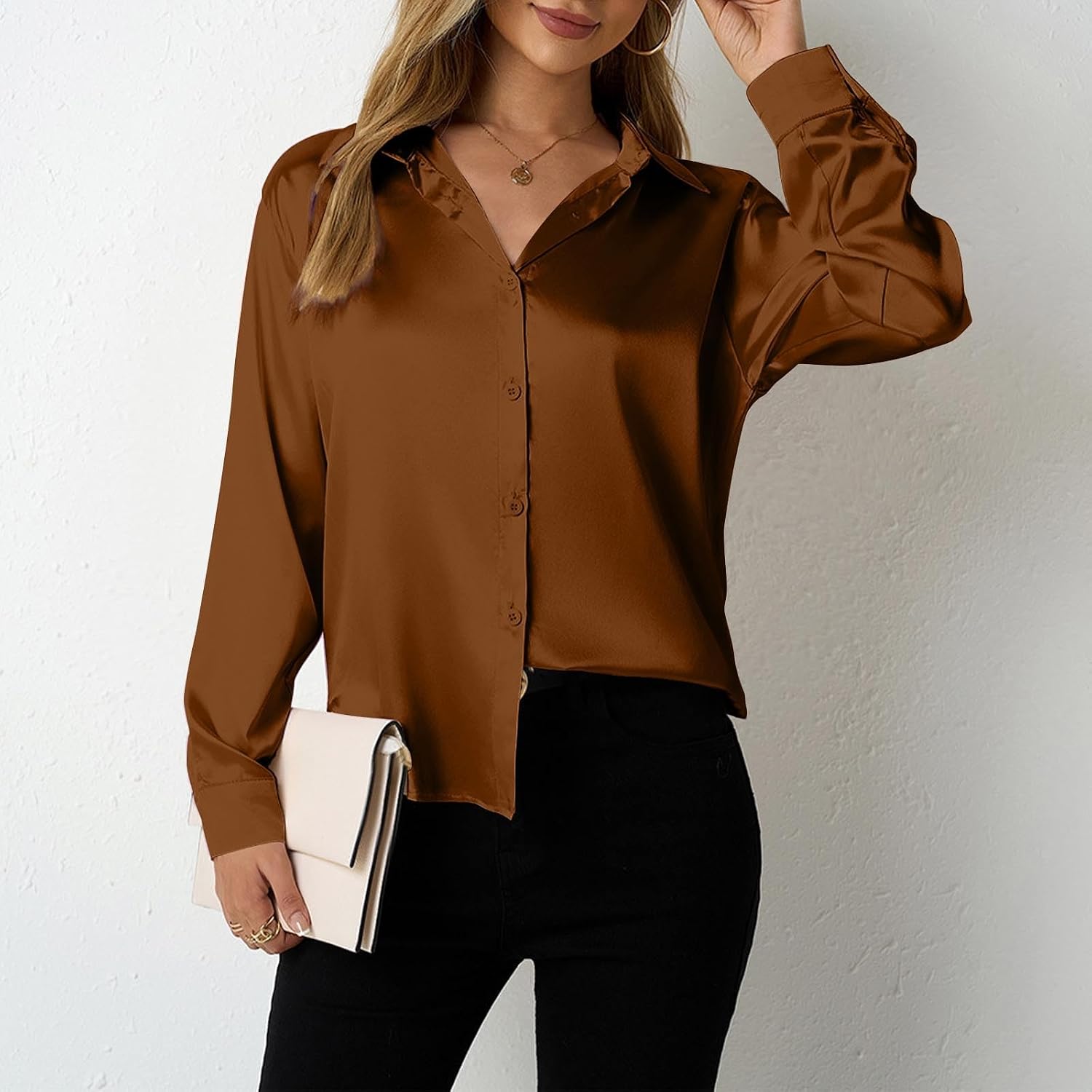 Women's Satin Button Down Shirts V-Neck Long Sleeve Tops Summer Business Office Blouses Casual Fashion Fall Shirt