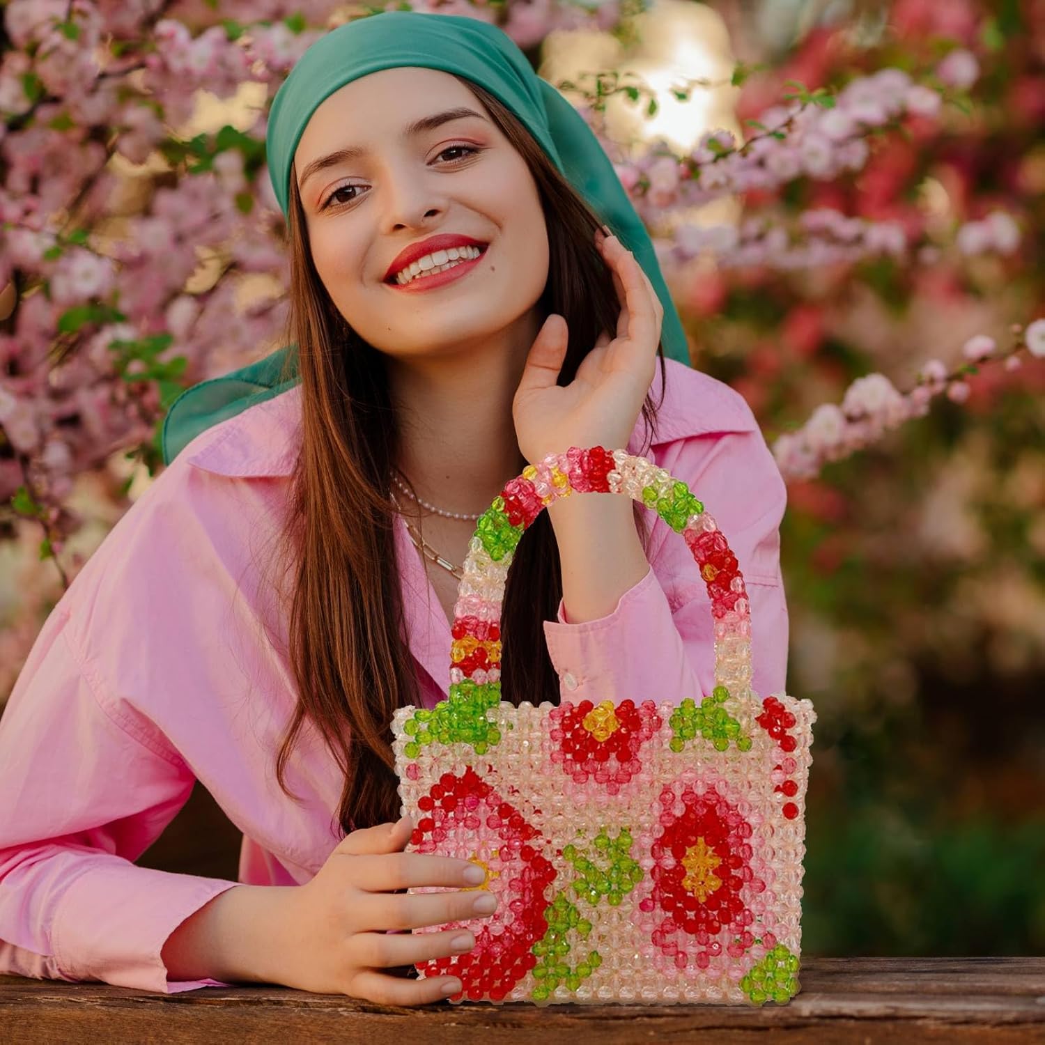 Womens Luxury Flower Beaded Handbag Handmade Acrylic Tote Bags for Wedding Party Fancy Purse with Top Handle - Image 2