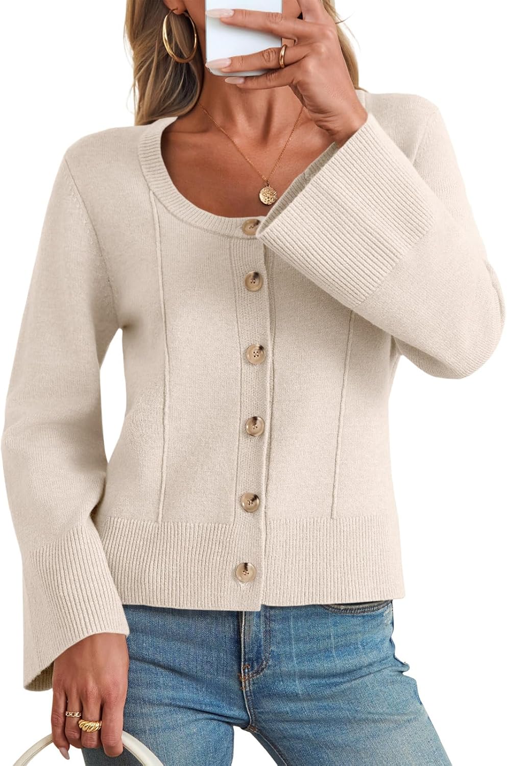 Saodimallsu Womens Bell Sleeve Cardigan Sweaters Button Down Long Sleeve Fall Trendy Sweaters 2025 U Neck Knit Outwear