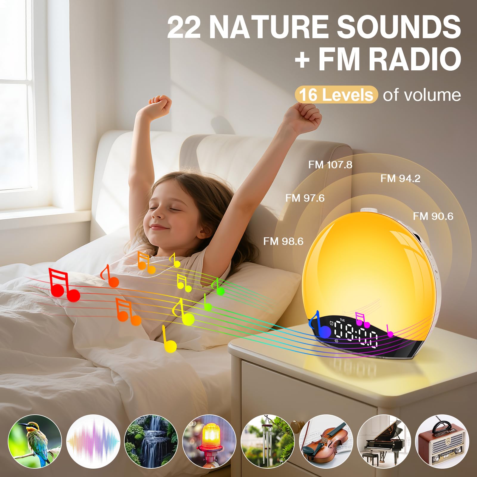 Eveil Lumière Simulateur D'aube Sur Lampe De Chevet LED, 2 Alarmes Avec Fonction Snooze, 17 Couleurs De Lumière, 22 Sons Naturels, 20 Niveaux De Luminosité, Éclairage D'ambiance, Lampe De Chevet