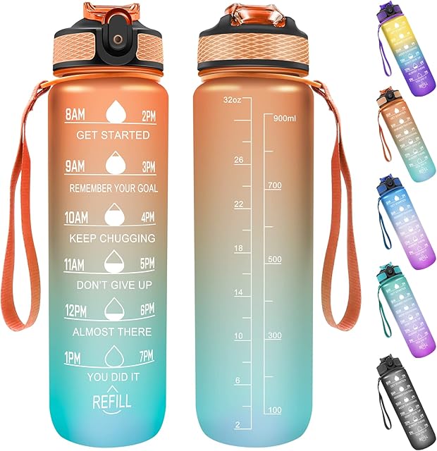 Sports Water Bottle with Motivational Time Marker & Straw, 1L Leakproof Drink Bottles with BPA Free Tritan Non-Toxic Plastic, Ideal for School,Cycling,Gym,Camping (Orange Green)