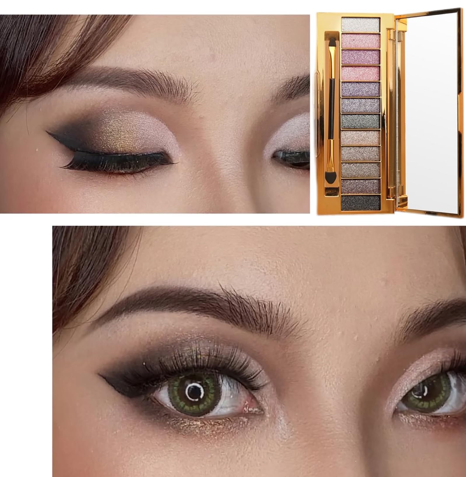 Paleta de sombras de ojos con purpurina, 12 colores, impermeables, brillantes, paletas de maquillaje con espejo de pincel, paleta de sombras de ojos pigmentadas altamente brillantes para citas, 3