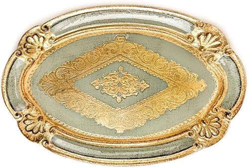 Miniatura 10 de Bandeja ovalada pequeña de madera florentina tallada a mano, bandeja decorativa de 10 x 6.5 pulgadas para desayuno en la cama, dorado, decoración
