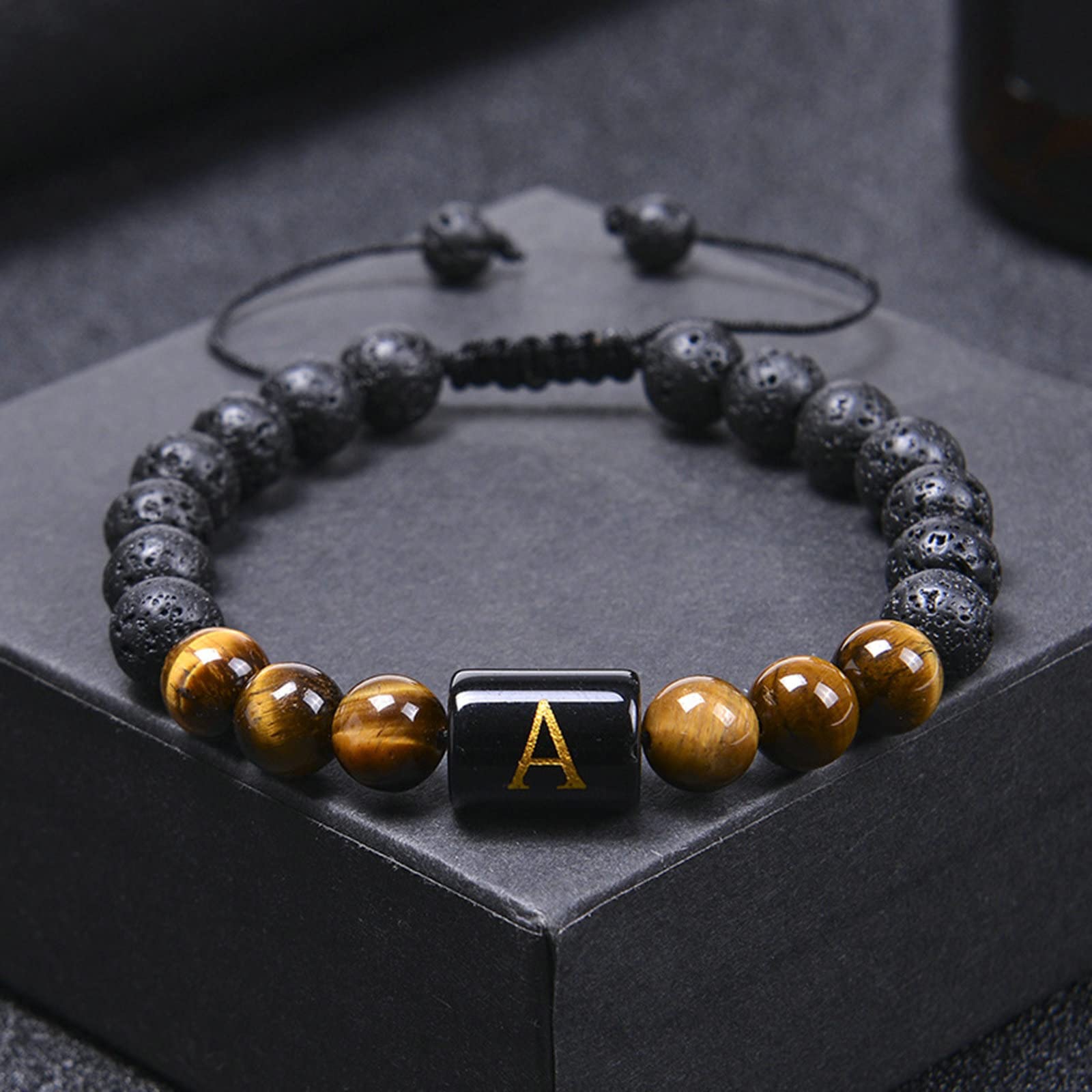 Pulsera de difusor de Aceite Esencial Roca de Lava, Pulsera de Piedra de Tigre de Piedra de Lava con Letras AZ Pulseras Ajustables para Mujeres 29.2 cm