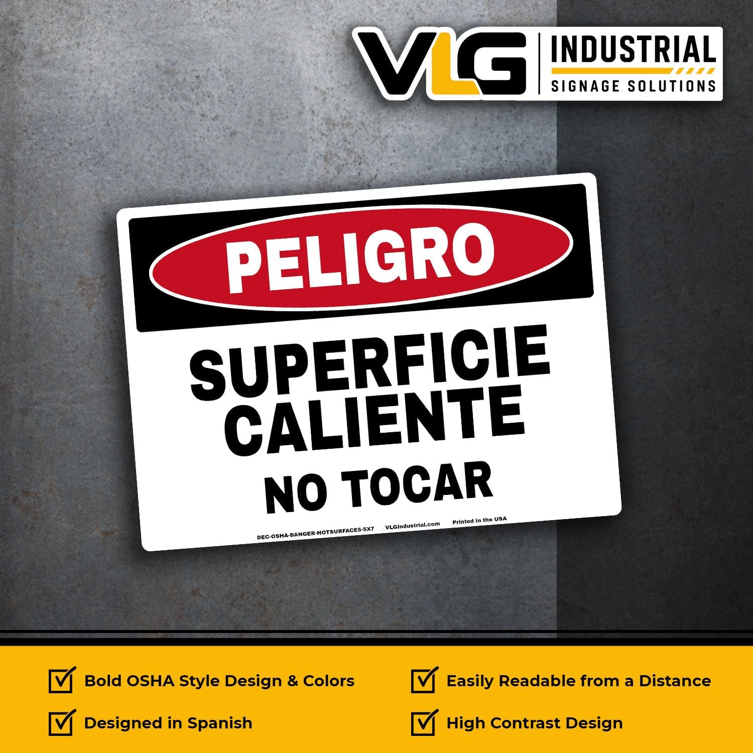 Spanish OSHA Style Danger Hot Surface Labels, 5-Pack, 5" x 7" | "PELIGRO - SUPERFICIE CALIENTE - NO TOCAR" | Waterproof UV Laminated Industrial Safety Stickers | Heavy-Duty Adhesive | Printed in USA image 4
