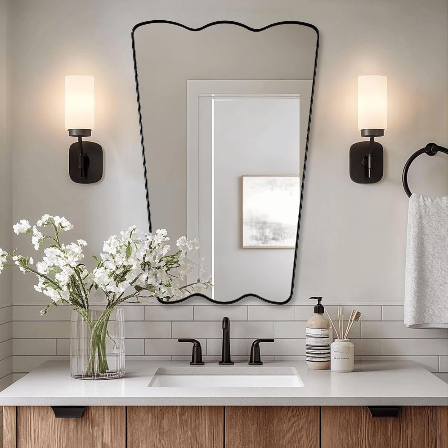 ANDY STAR Scalloped Mirror for Bathroom, 24x36 Inch Matte Black Butterfly Mirror for Living Room,Fireplace, Rustproof Stainless Steel Metal Frame, Hang Vertical or Horizontal