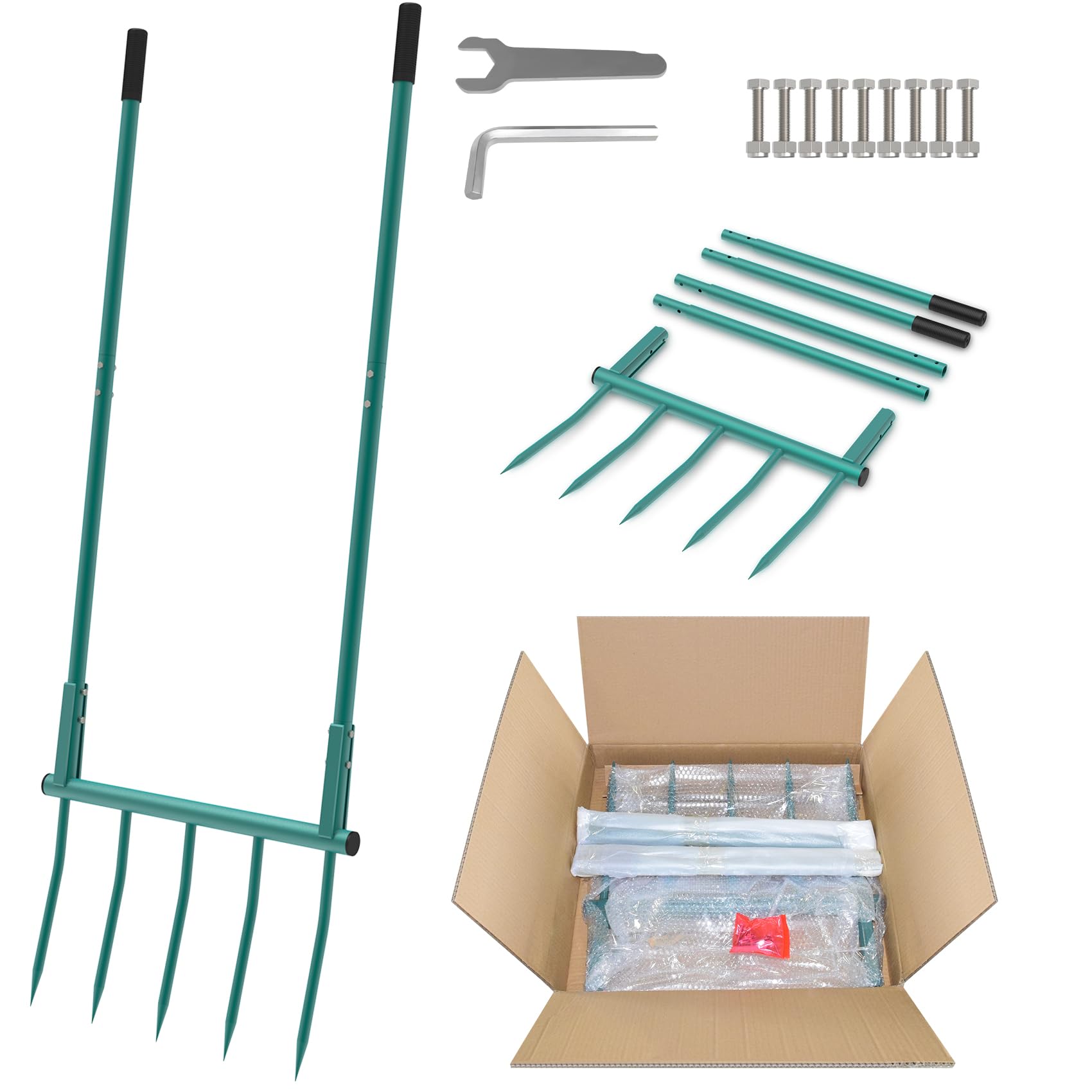 Utensile da giardino a forcella larga, 5 denti, resistente, a forma di U | Forcone ergonomico staccabile da 140 cm per scavare, coltivare e allentare il terreno, giardinaggio e agricoltura