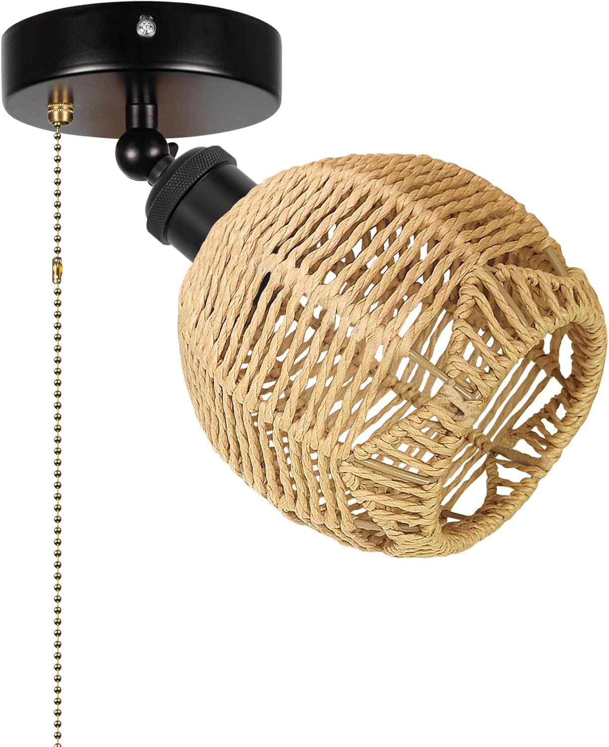 Adjustable Light, Zipper Switch 12V RV Industrial Woven Natural Boho Hollow-Carved Designed Rattan Oval, E26 Socket Semi Flush Mount Interior Lighting Decorative for RV Camper Hallway