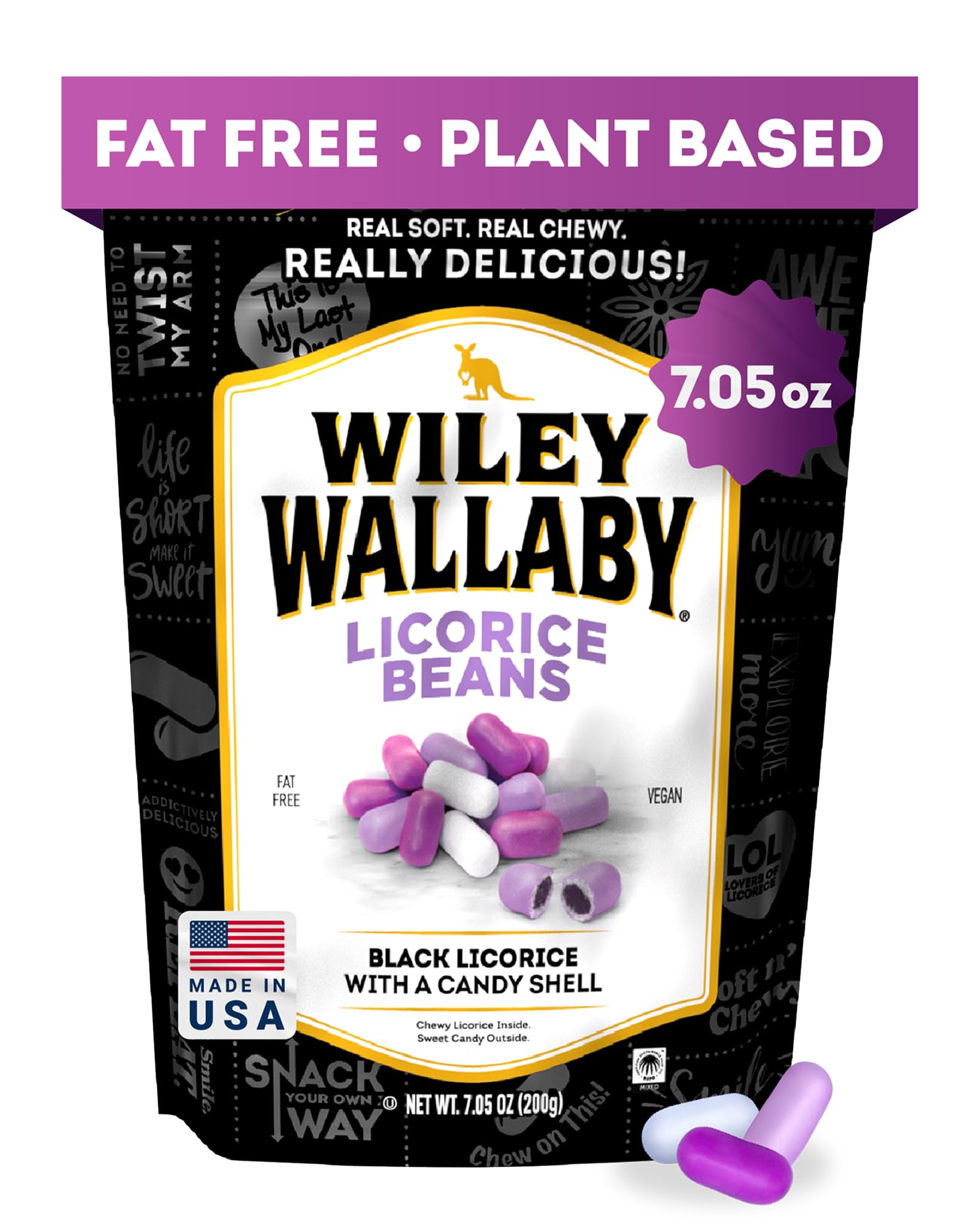 WILEY WALLABY Wiley Wallaby 7.05 oz Classic Black Gourmet Australian Style Soft & Chewy Licorice Sweet Beans, 1 Pack