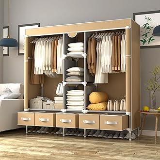 Canvas Wardrobe with 5 Drawers, 185x45x175cm Wardrobe for Bedroom Cupboard Clothes Storage Solution, with Hanging Rail Storage Shelves