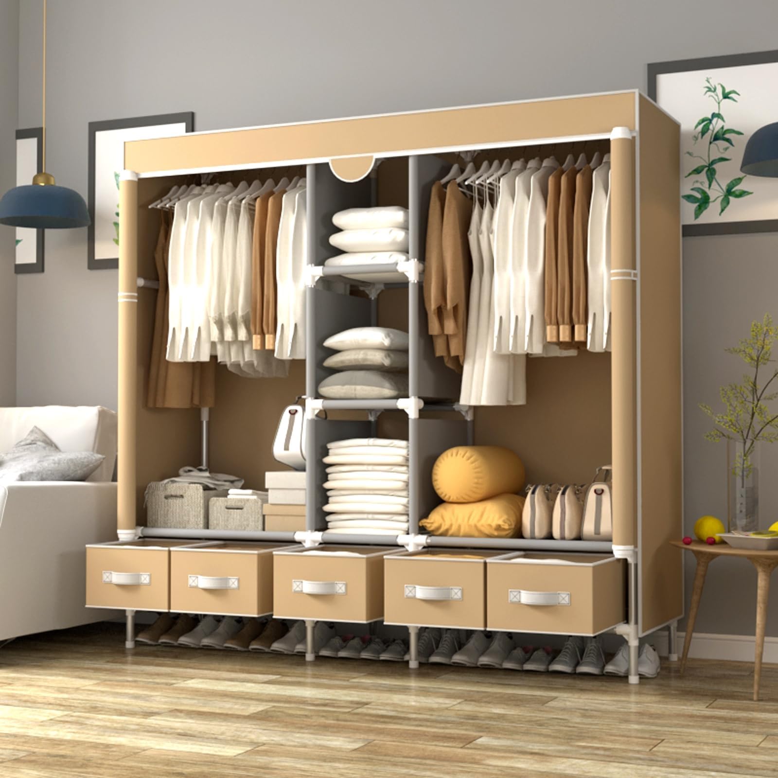 Canvas Wardrobe with 5 Drawers, 185x45x175cm Wardrobe for Bedroom Cupboard Clothes Storage Solution, with Hanging Rail Storage Shelves