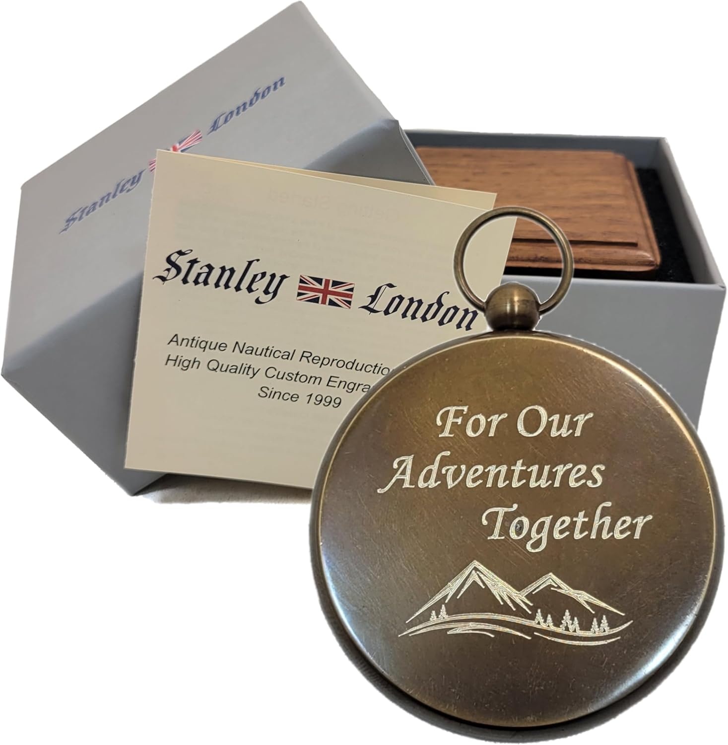 Engravable Antique Brass Pocket Compass with Gift Box | Solid Brass Compass with Optional Hardwood Storage Box and Custom Engraved Plaque for Keepsake or Gift