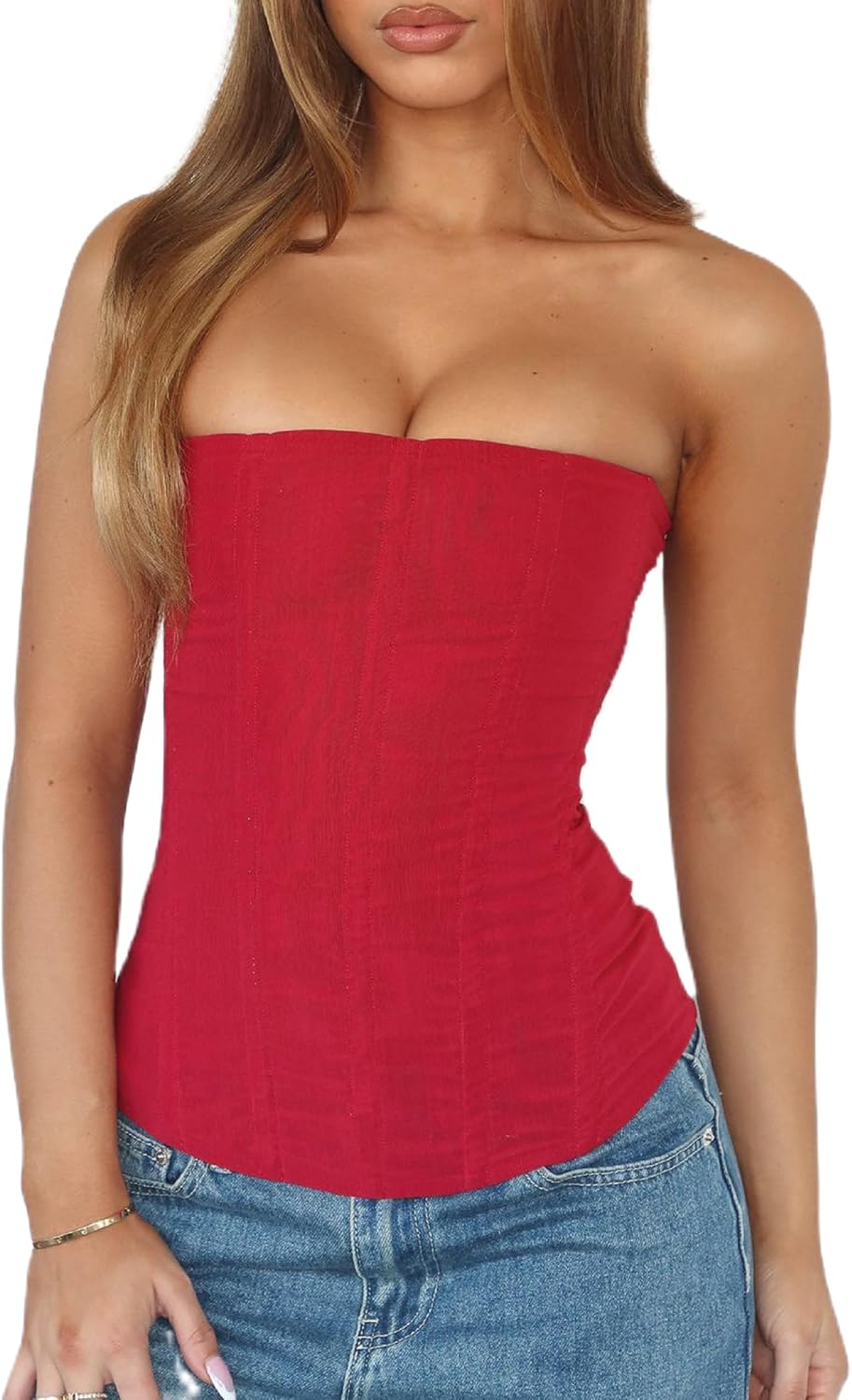 Faretumiya Women Floral Lace Corset Top Strapless Lace Up Bustier Tube Top Mesh Boned Corset Overbust Tops