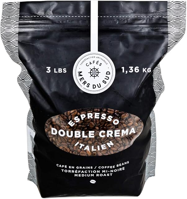 Cafes Mers du Sud - Haricots entiers pour Espresso 3 Livre (1.36 (kg) - Rôtissement moyen - Espresso Double Crema Italien - Haricots de café Haricot entiers de longueur moyenne - Sac refermable