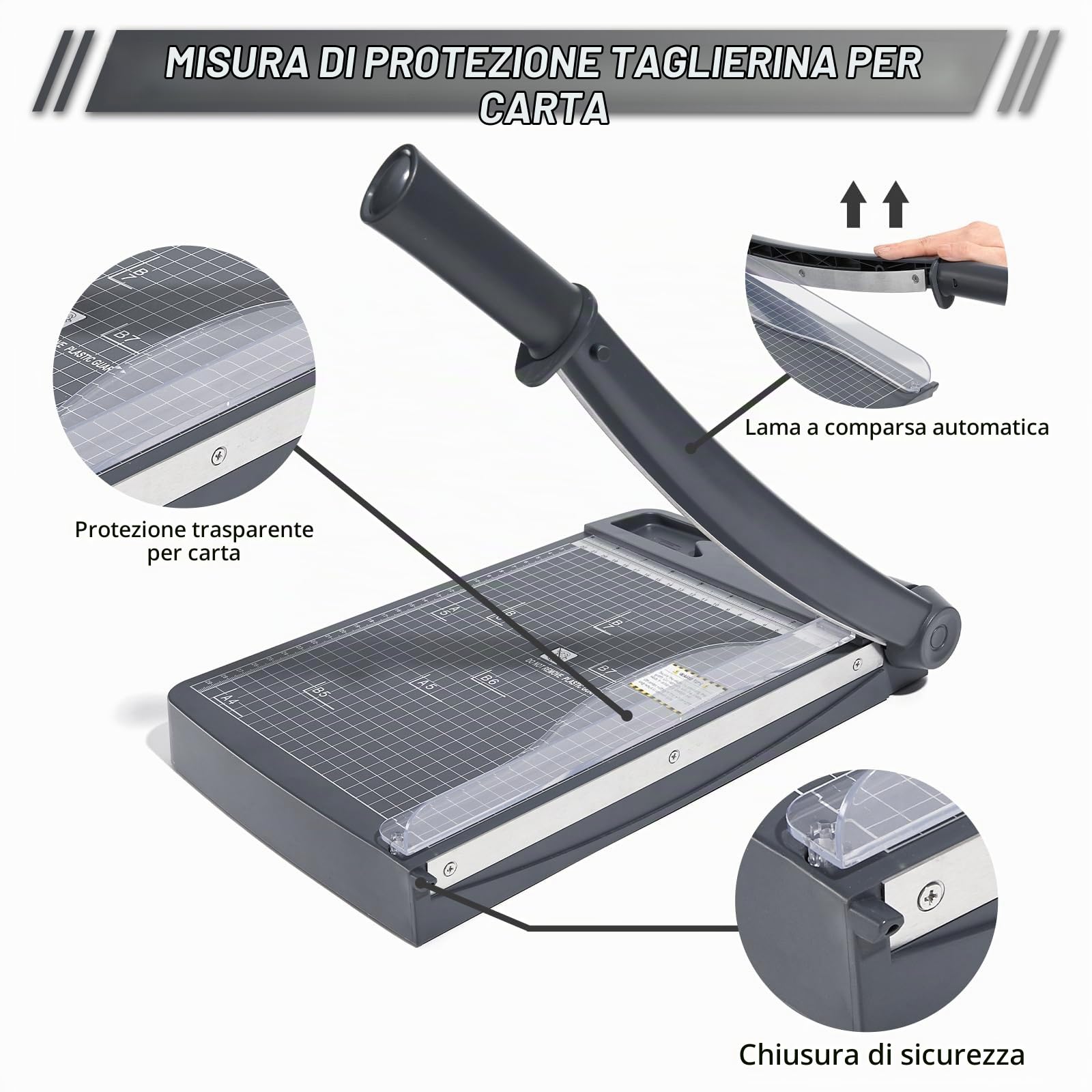Taglierina per carta (fino a 80 g, A4, 12 fogli di potenza di taglio) manuale, taglierina carta, taglierina a leva, forbici per carta e foto, massima precisione (grigio scuro)