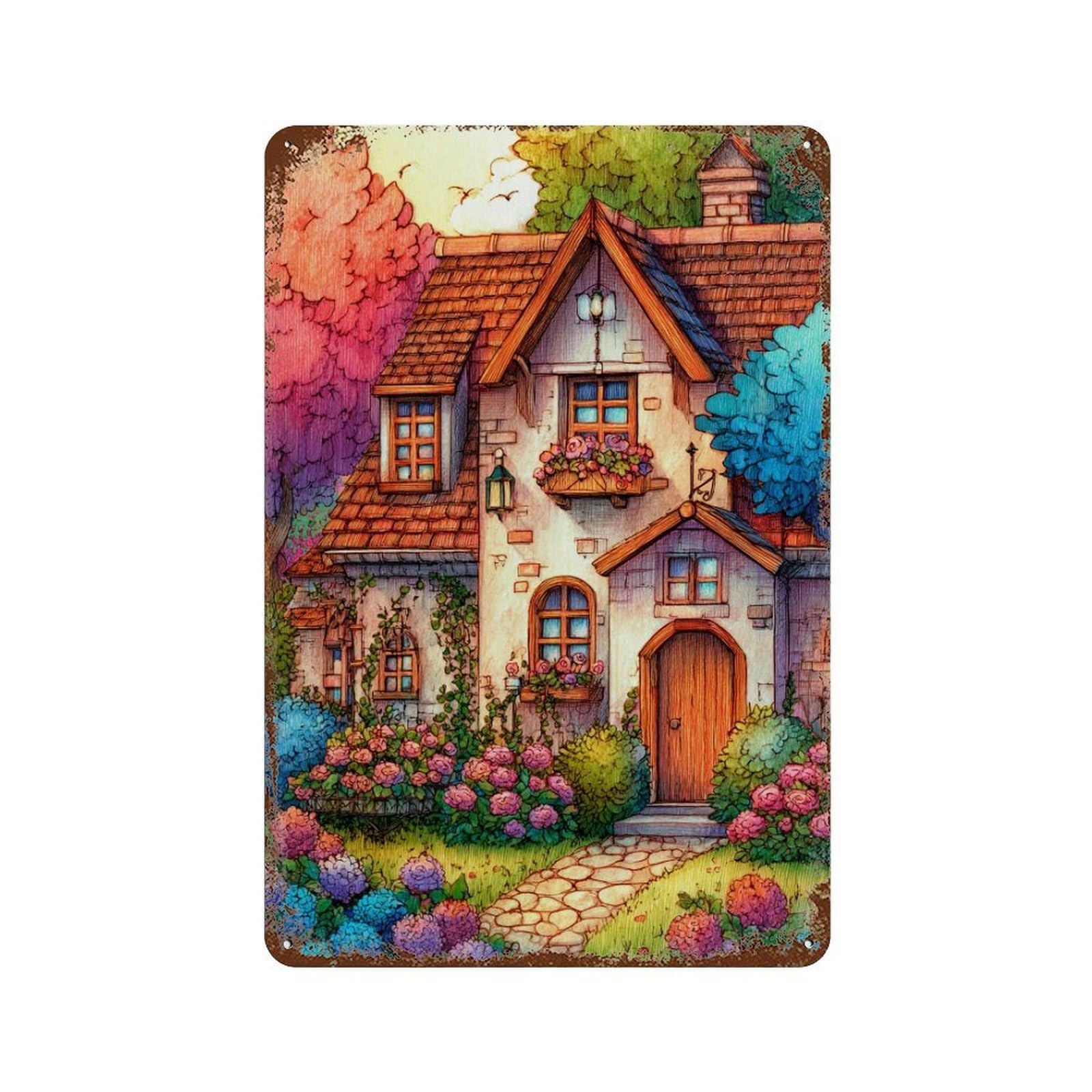 Garage Style Whimsical Cottage Garden Scene Rustic Tin Plaque 11.8"x7.9", Vintage Wall Decor for Bar And Workshop