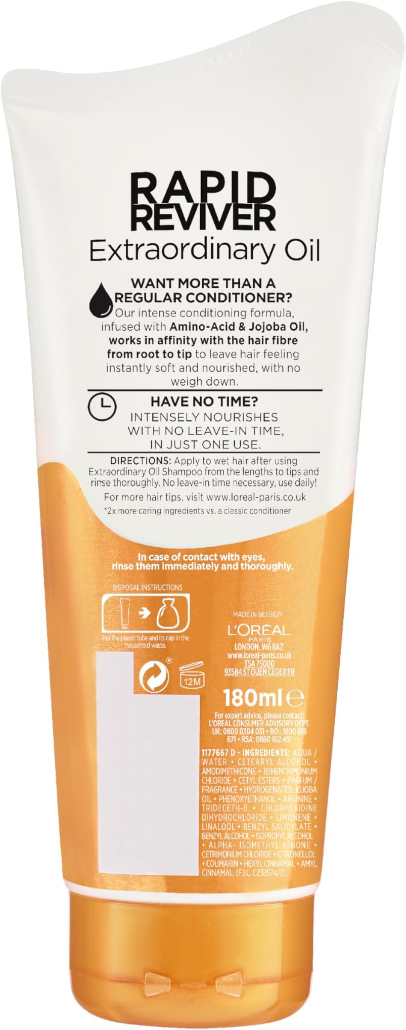 L'Oréal Paris Conditioner For Dry Hair, Elvive Extraordinary Oil Rapid Reviver Power Treatment With Jojoba Oil And Amino Acids, Instant Reviving Care With Twice More Conditioning Ingredients, 180ml