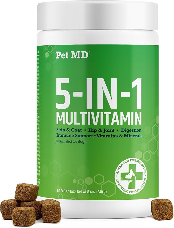 Pet MD 5-in-1 Dog Multivitamin - 30 Key Nutrients for Wellness - 60ct | For Hip & Joint Health, Immune Function, Healthy Skin & Shiny Coat, and Digestive Support - Senior Dog & Puppy Vitamins