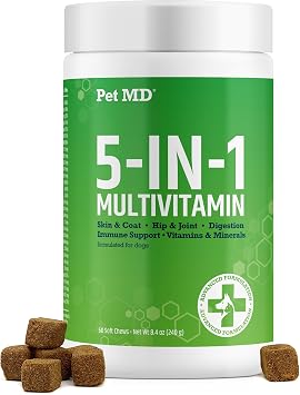 Pet MD 5-in-1 Dog Multivitamin - 30 Key Nutrients for Wellness - 60ct | For Hip & Joint Health, Immune Function, Healthy Skin & Shiny Coat, and Digestive Support - Senior Dog & Puppy Vitamins