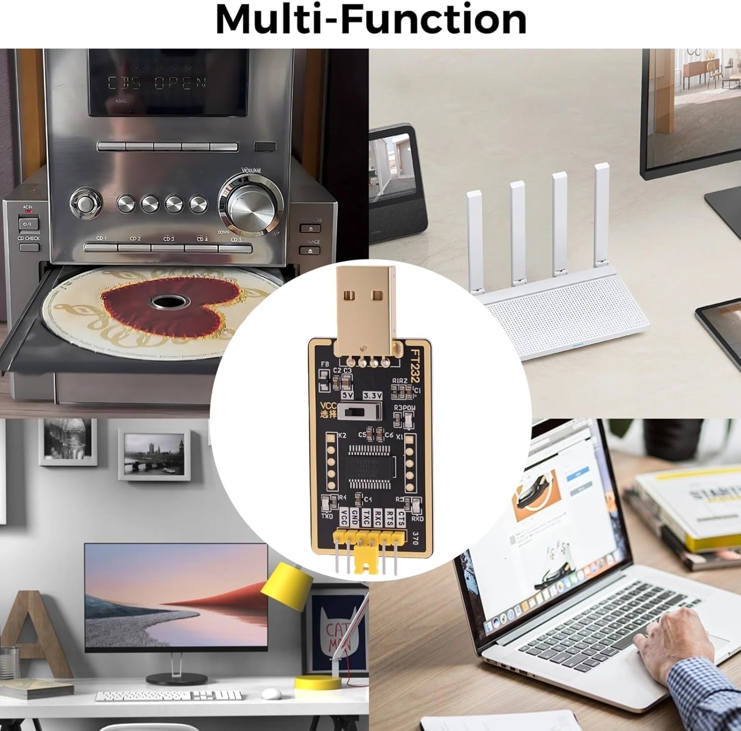 Collage showing various applications of the USB to TTL adapter