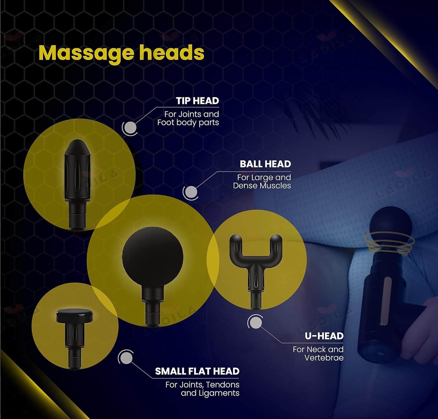 LADILA 6 Speeds Muscle Deep Tissue Massage Gun Back Neck Pain Relief Relaxation For Men And Women With 4 Massage Heads, Electric Percussion Massager (Gun Massager), Multicolour LADILA 6 Speeds Muscle Deep Tissue Massage Gun Back Neck Pain Relief Relaxation For Men And Women With 4 Massage Heads, Electric Percussion Massager (Gun Massager), Multicolour