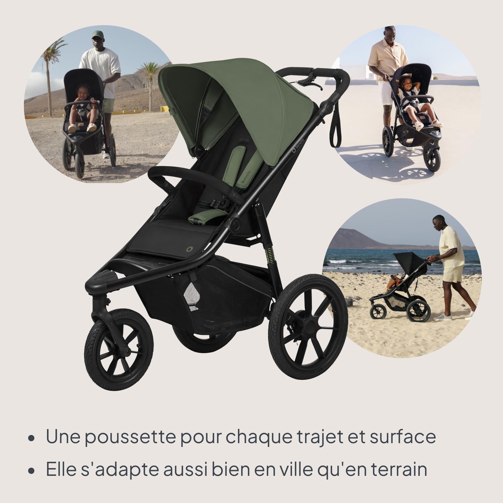LIONELO AZURA Poussette Bébé de jogging de 6 mois à 22 kg Poussette 3 Roues de jogging Dossier Réglable pour Position Allongée Grandes Roues Gonflables Amortissement Complet Auvent XXL (Green)