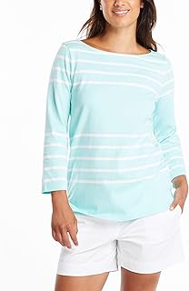 Nautica Women's Solids and Stripes Boatneck 3/4 Sleeve 100% Cotton Shirt Shirt, Aruba Blue, Medium