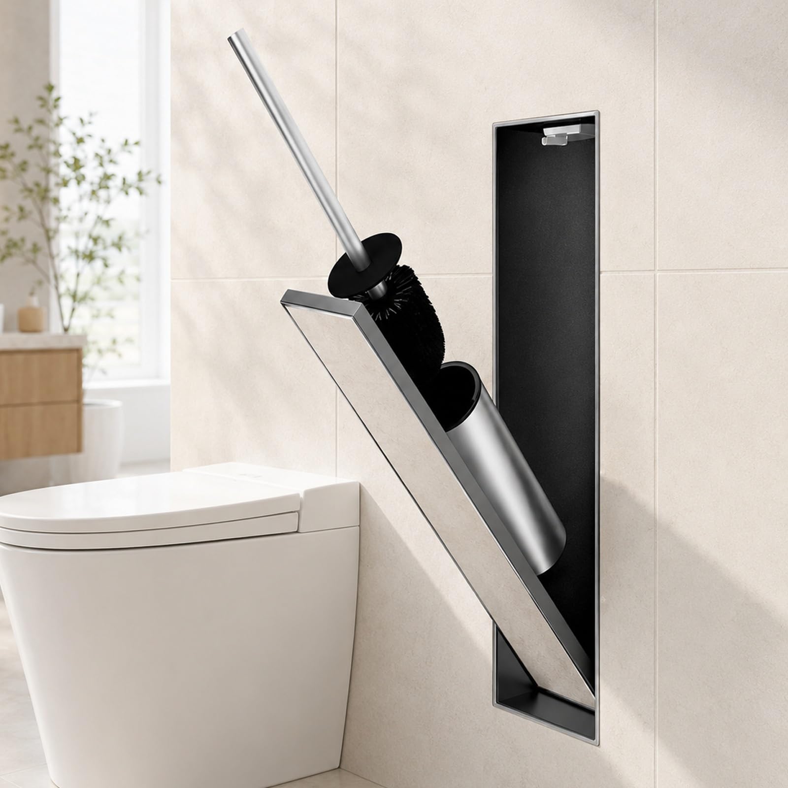 Recessed Toilet Roll Holder with Toilet Brush, in-Wall Bathroom Niche with Hidden Bin, Tileable Front Panel, 304 Stainless Steel Bathroom Storage Cabinet