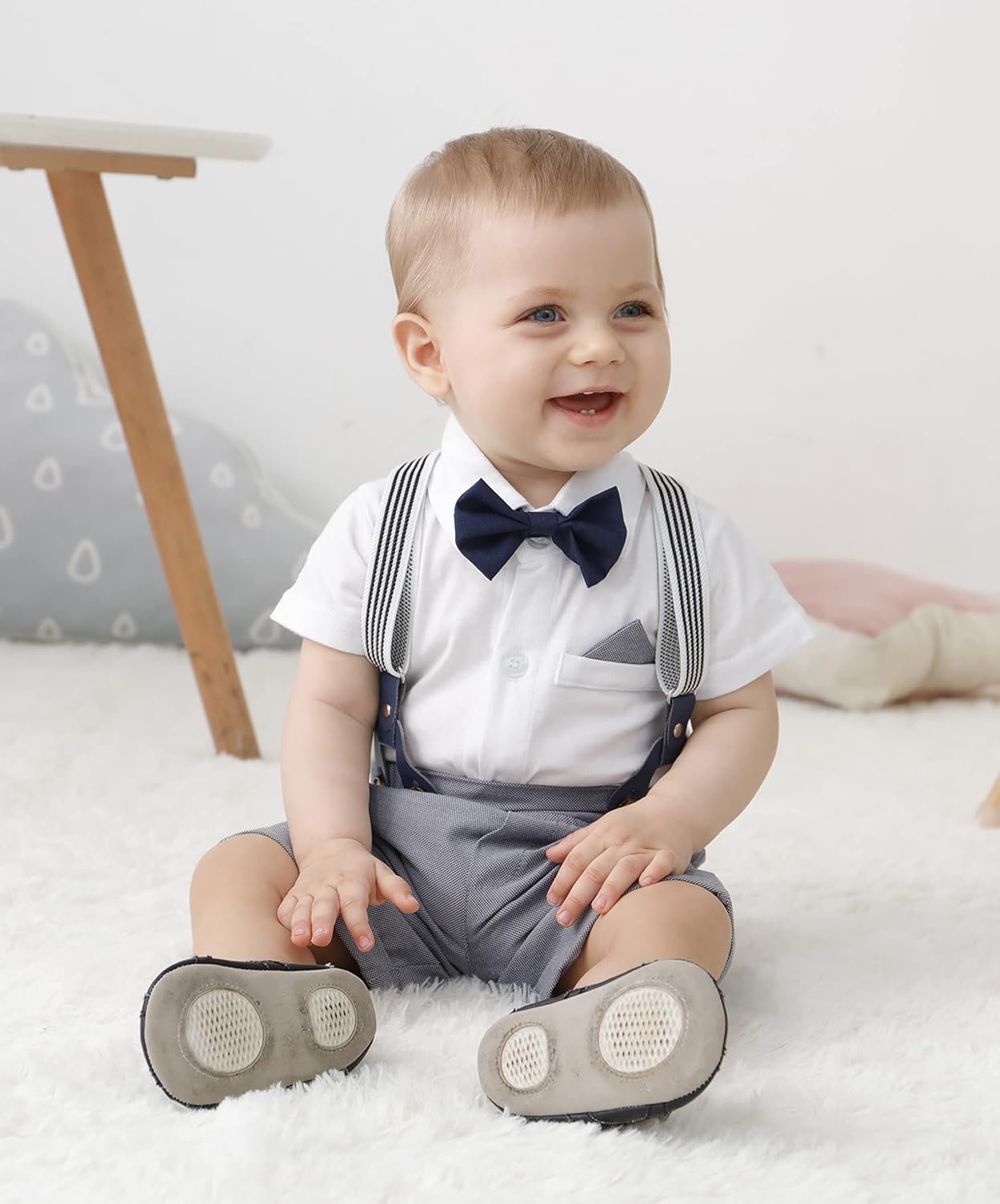 YUEMION Infant Baby Boy Clothes Gentleman Outfits Suits Summer Short Sleeve Bowtie Bodysuit Shirts + Suspender Shorts(0-24M) - Image 3