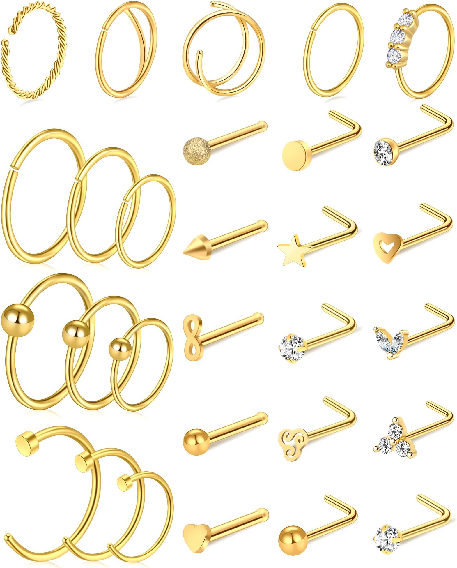ONESING 23-40 Pcs Gold Nose Rings for Women 18G 20G Nose Piercing Jewelry L Shape Nose Studs Nose Rings Hoop Nose Jewelry Gold Stainless Steel Studs Screw Body Piercing Jewelry for Women Men