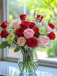 NebuIuxe Diamond Painting Kit, Mixed Roses Floral Bouquet with Glass Vase Design, DIY Craft Art