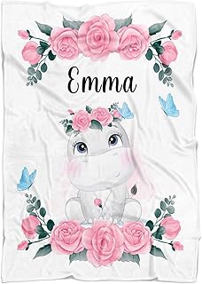 Pink Hippo Custom Baby Name Blanket for Girl, Floral Rose Hippo Toddler Girl Blanket, Girl Nursery Blanket, Hippo Baby Shower, Personalized Pink Floral Girl Blanket (30x40)
