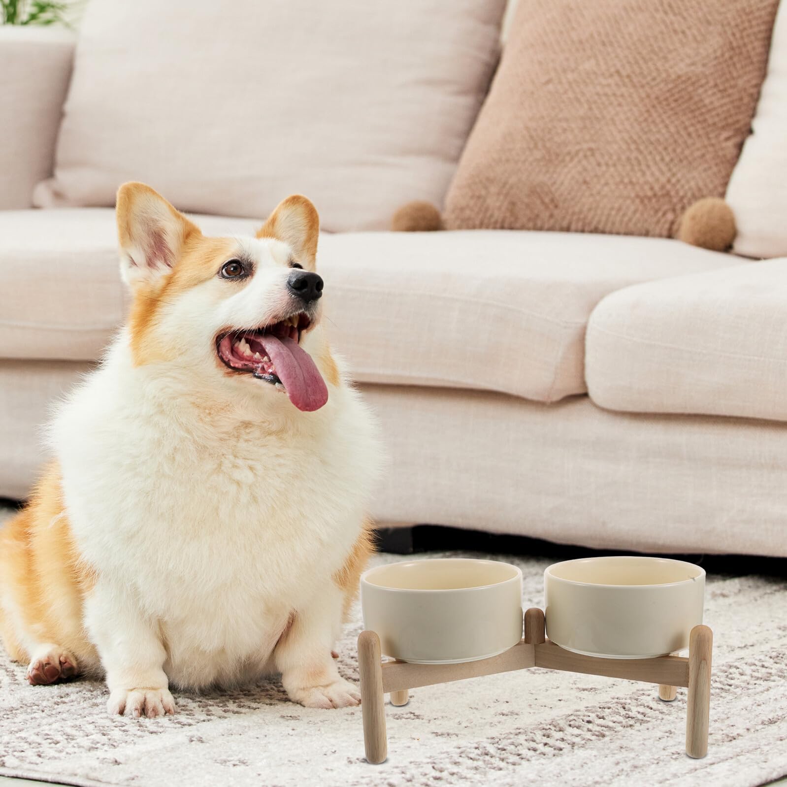 Veemoon Comedero Elevado para Perros y Gatos Pequeños con Tazones Dobles de Cerámica 850 Ml, Soporte Antideslizante de Madera Beige 15,5 Cm, Cuencos Elevados para Comida y Agua Mascotas
