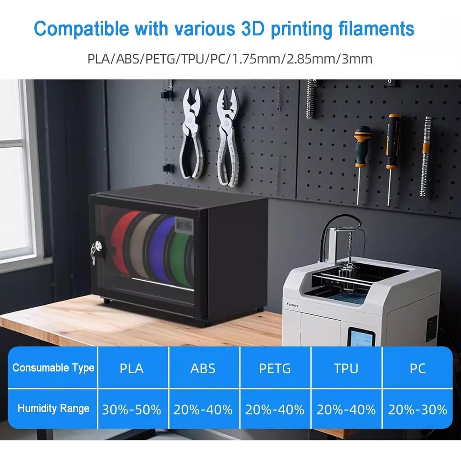 Gabinete deshumidificador de filamento para impresora 3D, caja seca de 25 litros con control de humedad con capacidad para 5 carretes, para PLA/ABS/PETG, bloqueo seguro