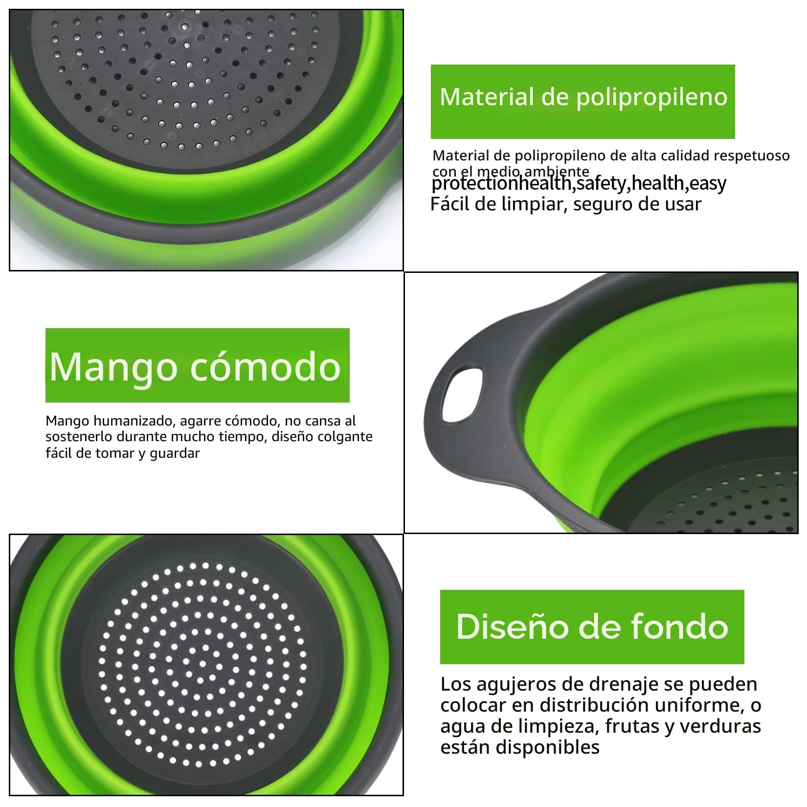 3 Piezas Coladores de Silicona Plegable, Cesta de Drenaje, Coladores de Alimentos, Coladores de Cocina Plegable con Asa para Escurrir Frutas y Verduras Pasta - Verde
