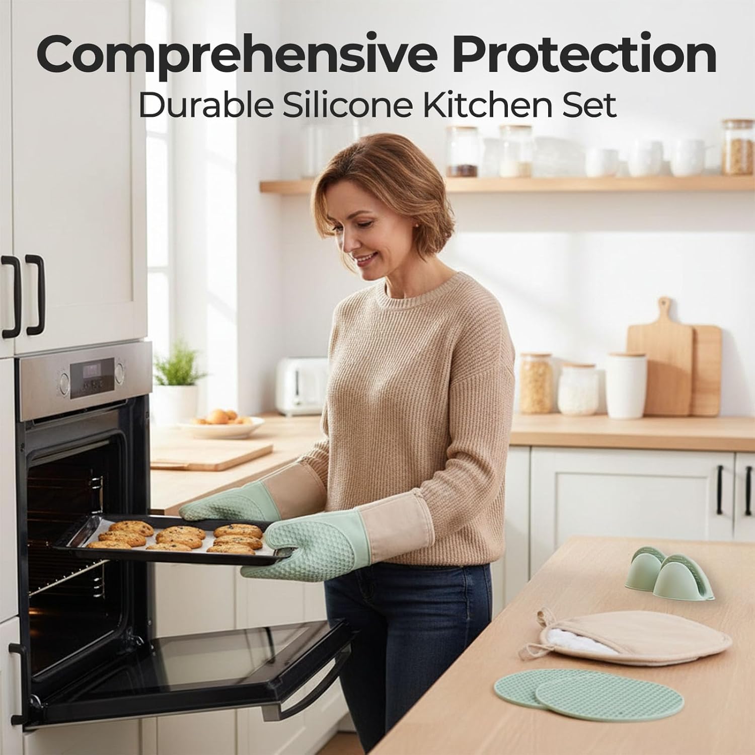 8-Piece Silicone Oven Mitts and Pot Holders Set with Hanging Loops - Heat Resistant Kitchen Gloves with Non-Slip Honeycomb Grip - Includes Mini Mitts & Trivet Mats for Cooking, Baking - Green - Image 3