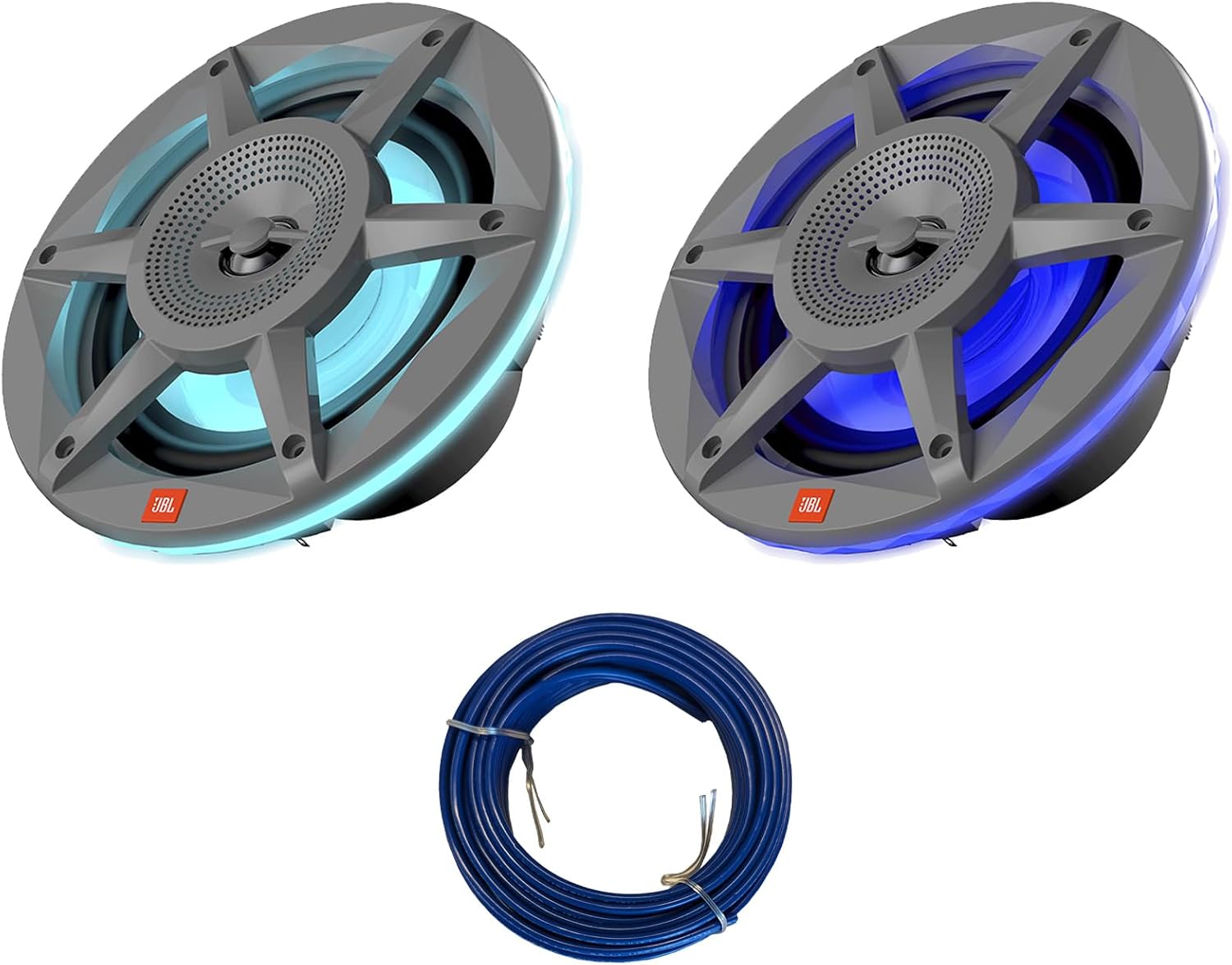 One Pair (Qty 2) of JBL Club CB62AM 6.5" 225W Max Power 2-Way High-Performance Marine Audio Speakers with RGB LED Illumination (White and Grey Grilles) (Bulk Packaging), 20 Feet 16 Gauge Speaker Wire
