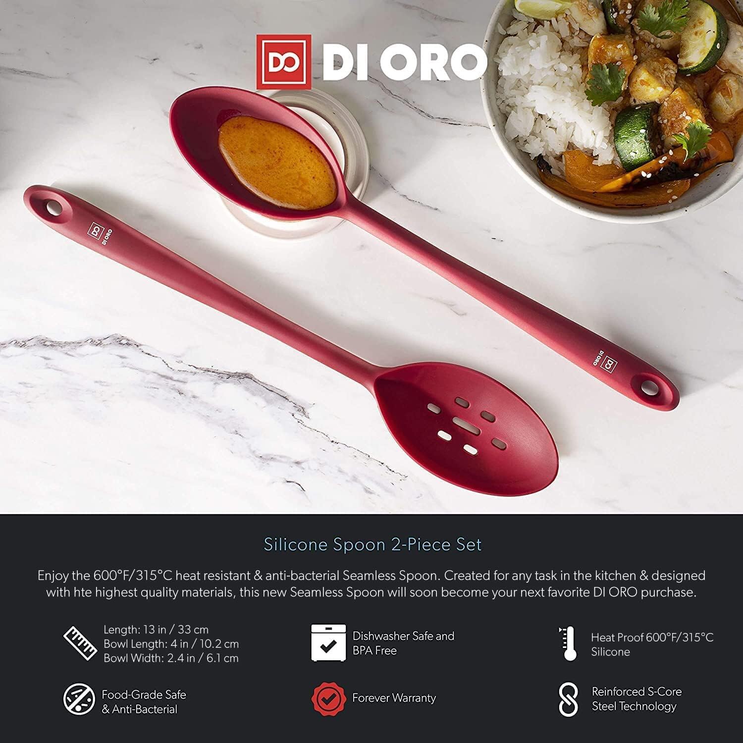 DI ORO 6-Piece Silicone Kitchen Utensil Set - 600°F Heat-Resistant Nonstick Silicone Spatulas & Spoons - Dishwasher Safe & Flexible - Tools for Baking & Cooking - BPA Free and Food Grade (Red)