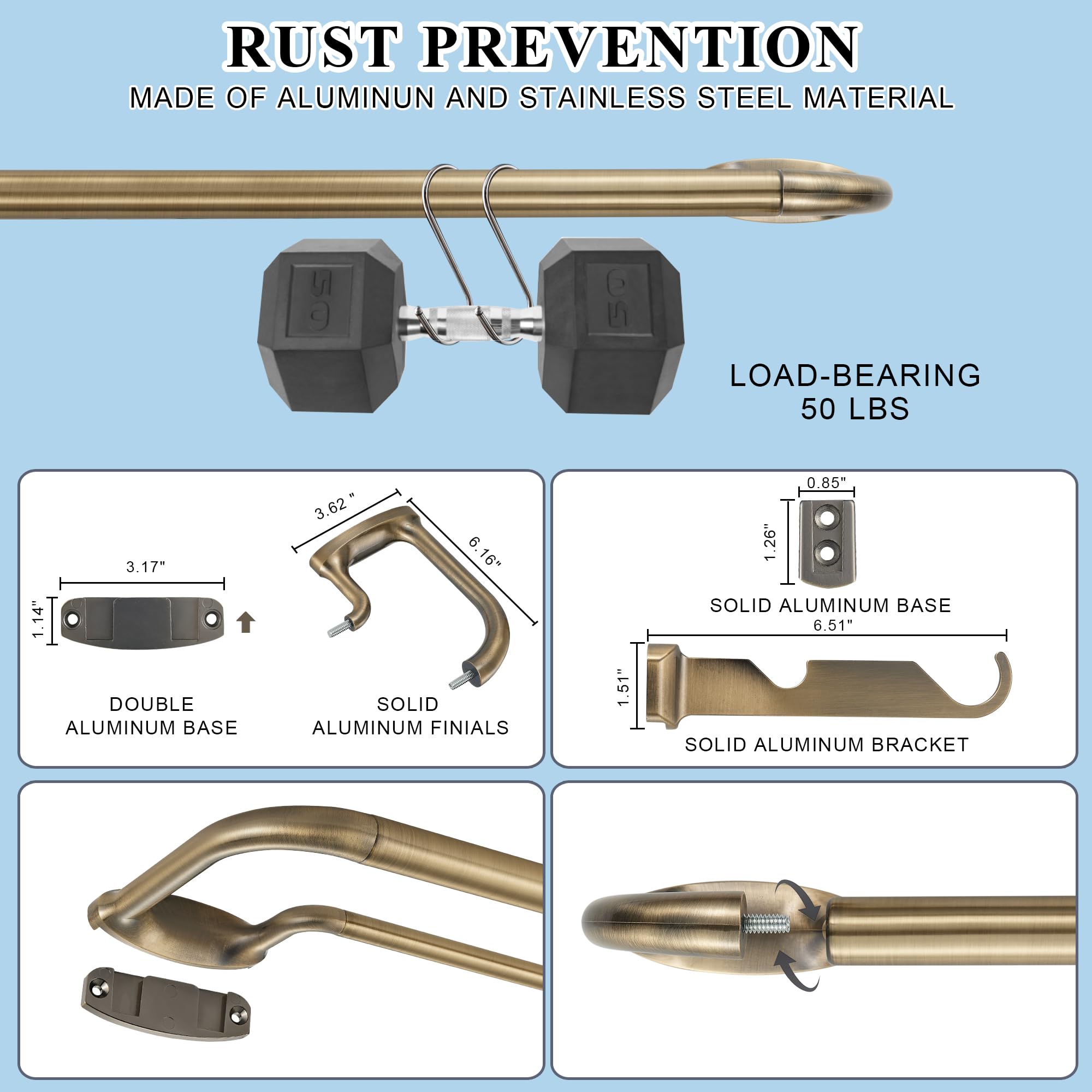 Barras de cortina dobles, barra de cortina envolvente para ventanas, empalme interno de 1 pulgada delantera y 5/8 pulgadas trasera ajustable con remates y soportes de aluminio (bronce antiguo