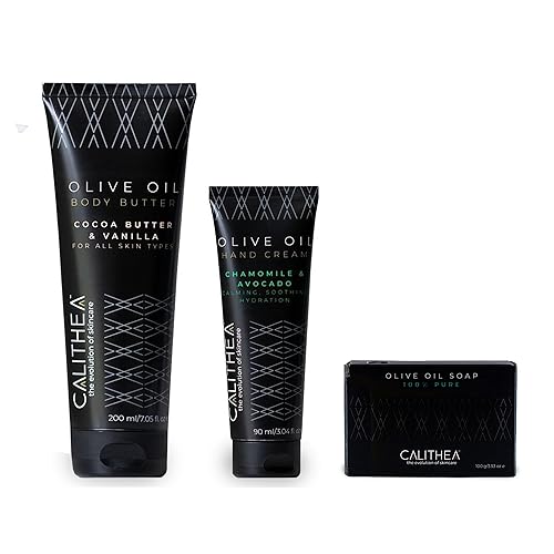 Set corporal de 3 pasos manteca de cacao y mantequilla corporal de vainilla, crema de manos con manzanilla y aguacate, jabón de aceite de oliva -