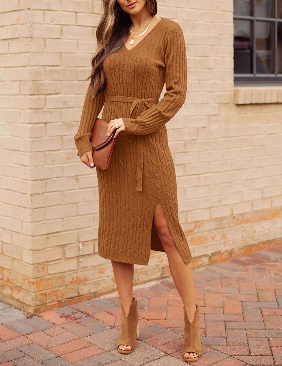 MEROKEETY Women's Winter Spring Long Sleeve Sweater Dress 2026 Fall V Neck Cable Knit Slit Bodycon Midi Dresses - Image 2