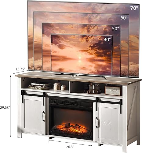 Miniatura 4 de VINGLI Soporte de TV con chimenea con puerta corrediza de granero para TV de 70 pulgadas, centro de entretenimiento de granja y chimenea de 23