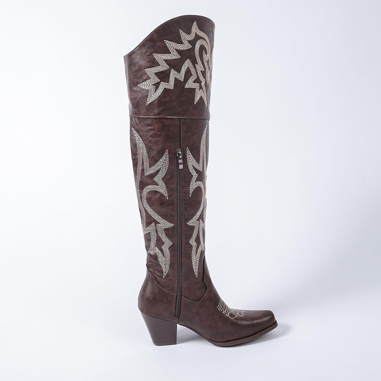 Women’s Over-the-Knee Western Cowboy Boots – Square Toe PU Leather Embroidered Boots with Zipper & Chunky Heel, Lined Riding Boots for All Seasons
