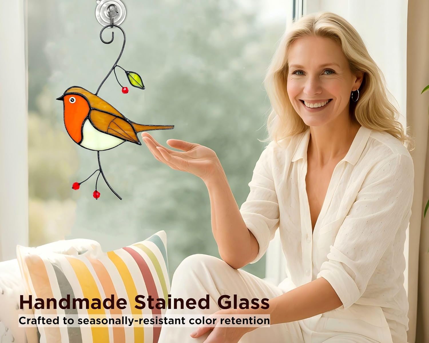 Robin Stained Glass Window Hanging - Handmade Real Glass Robins Suncatcher - Gifts for Women, Mom, Grandma, Mother - Elegant Gifts Box Bird Sculpture Home Decor (H7.5xW5.1 Inch) - Image 5