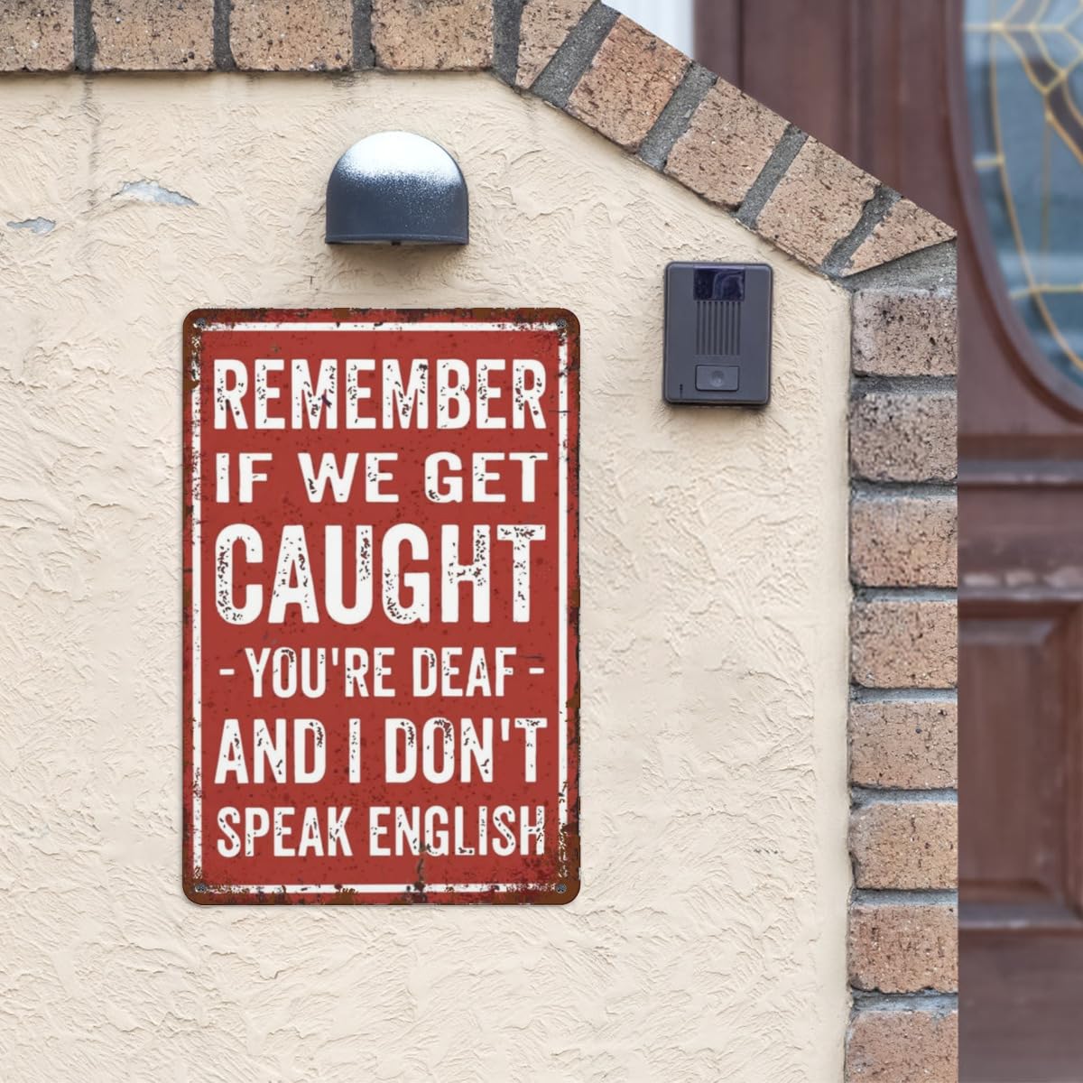 Vintage Metal Signs - Boho Wall Art Decor Funny Garage Man Cave Decoration for Hilarious Men - 8x12 Inch Home Office & Bar - Remember, If We Get Caught You're Deaf And I Don't Speak English Design
