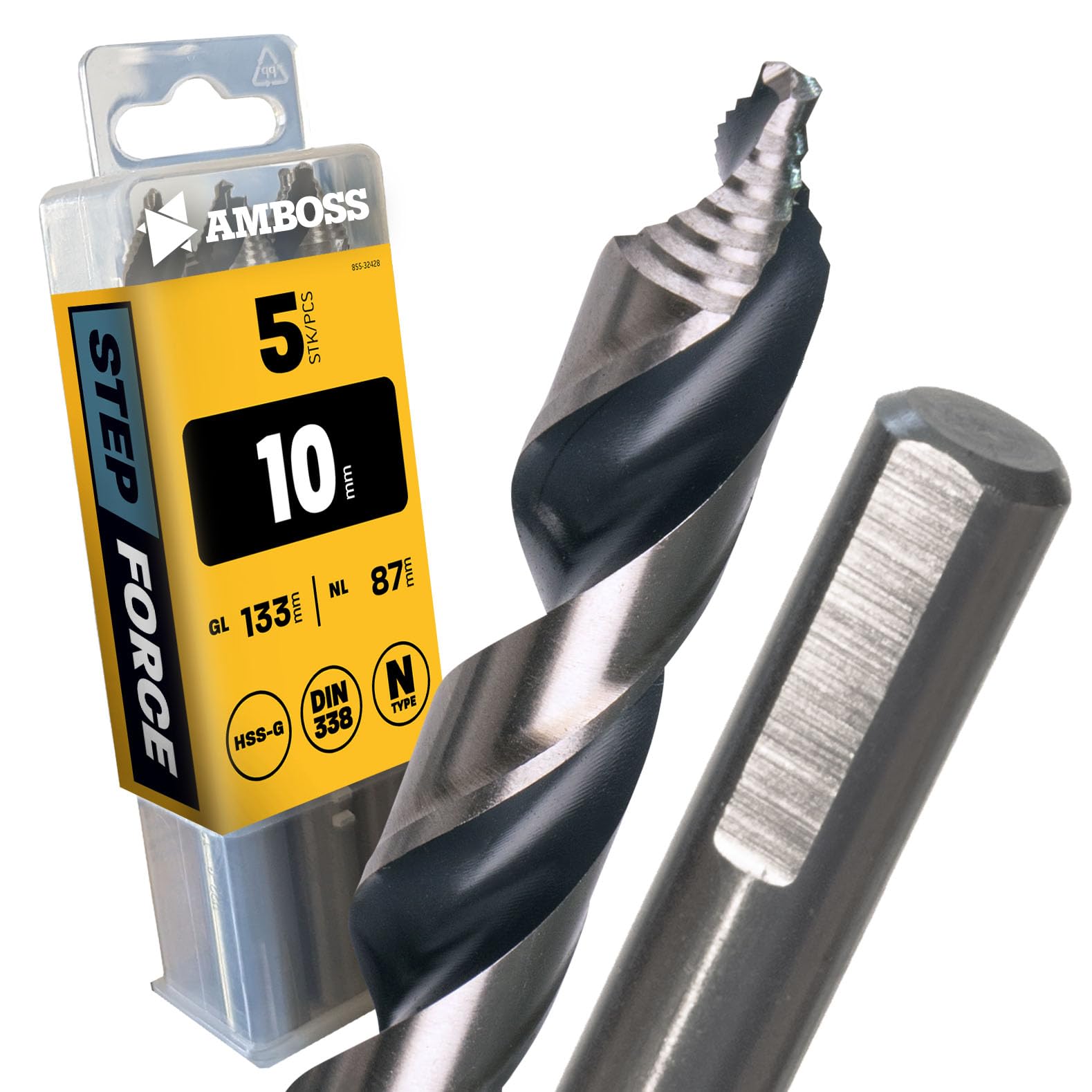 5x Twist Drill Bit Step Force Diameter 10 mm - HSS-G DIN 338 for Steel, Mild Steel, Aluminium, Non-ferrous Metals AMBOSS WERKZEUGE® Drill Sheet Metal Profiles - Hexagonal for Drill, Cordless Drill,