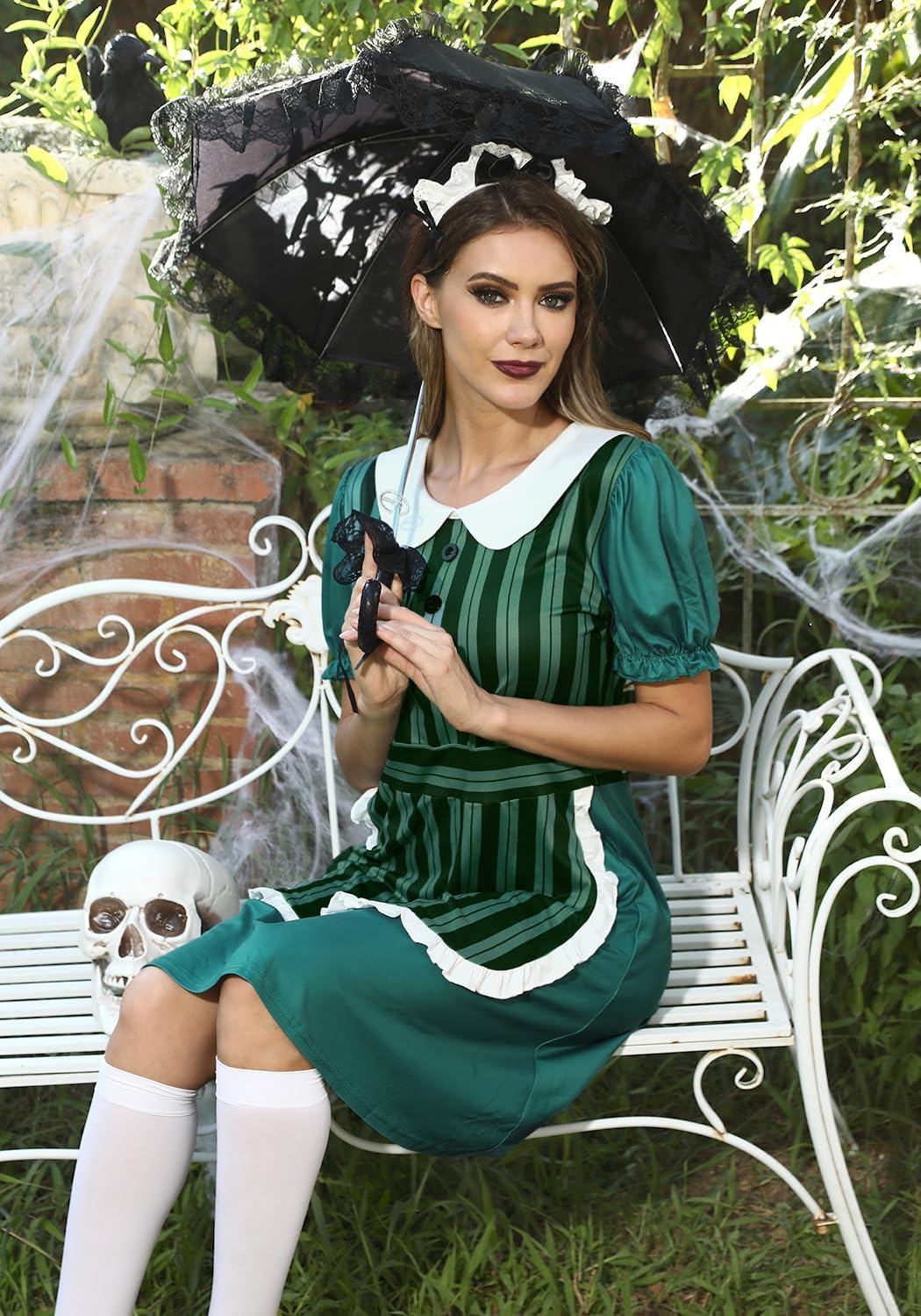 Maisolly 2PCS Womens Halloween Maid Apron Cosplay Dress With Hairband Puff Sleeve Castmember Ghost Party Costume