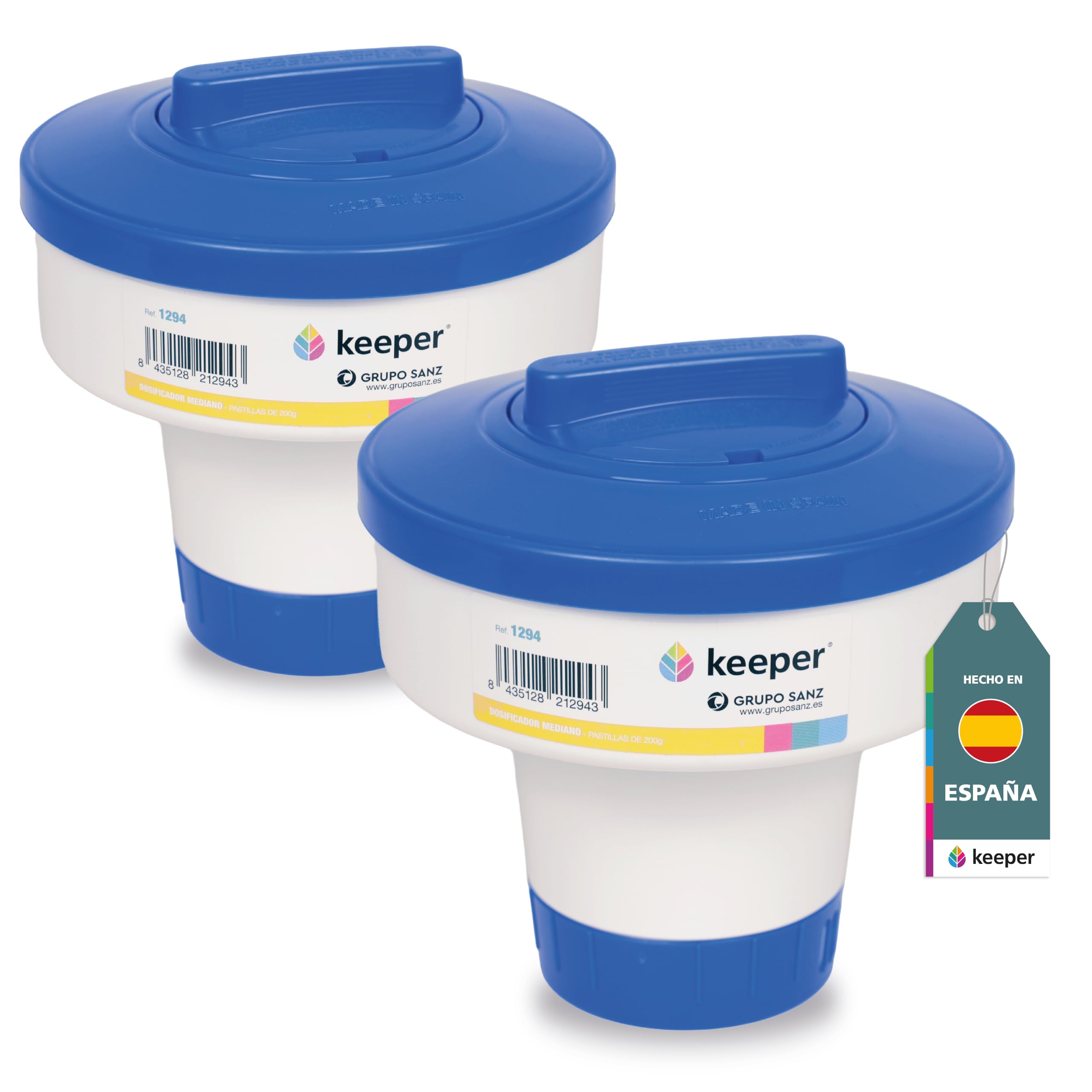dispensador de Cloro Piscina Flotante. Kit de 2 Dosificadores Ajustable, Mediano para Piscina. Capacidad para Pastillas de 200 g. Flotador para Piscinas, Spas y Jacuzzis. Fabricado en España