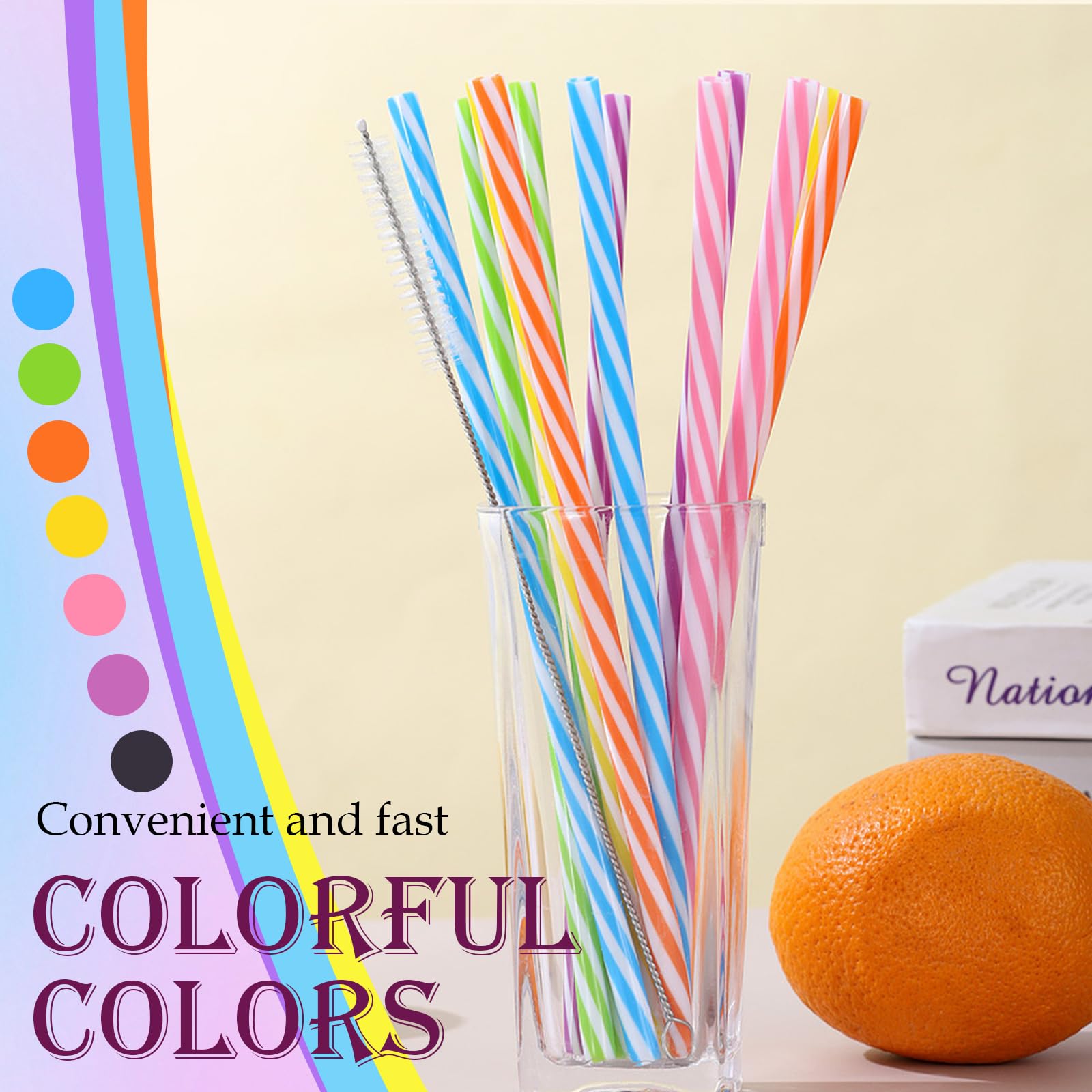 Cannucce di Plastica Colorate, 25 Pezzi 23 cm Riutilizzabili Con Spazzola di Paglia, Ritagliate per Tazze di Molte Dimensioni